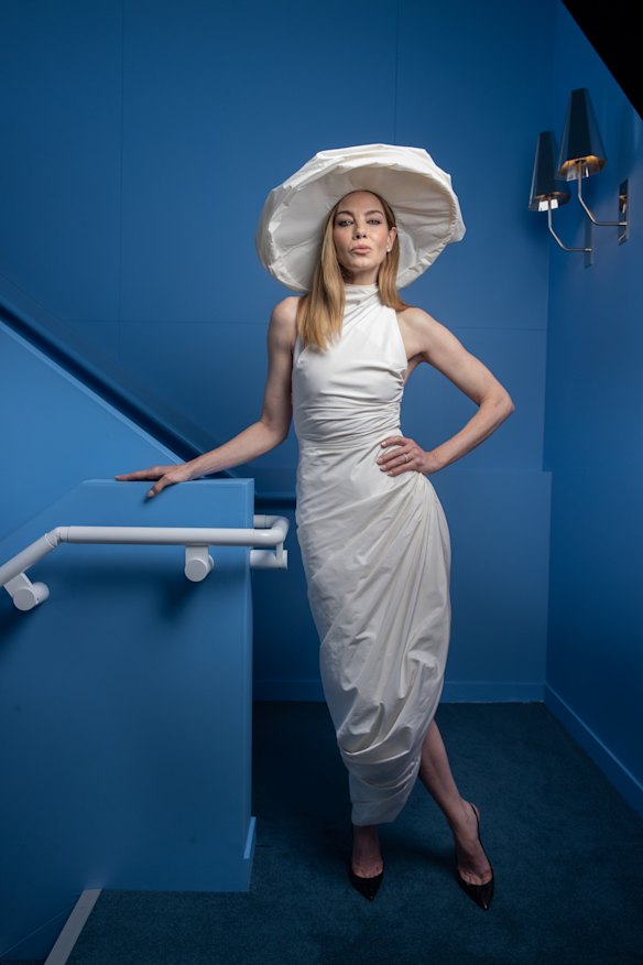 Michelle Monaghan in Magda Butrym millinery and an Altuzarra dress.