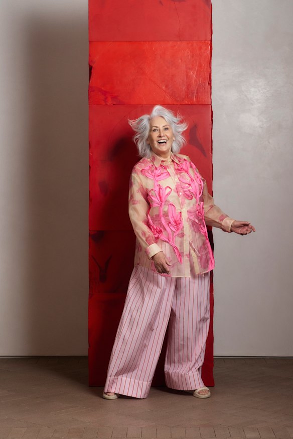 Lee Mathews “Clementine” shirt and “Tabi” pants. Stele sculpture by Liu Jianhua.