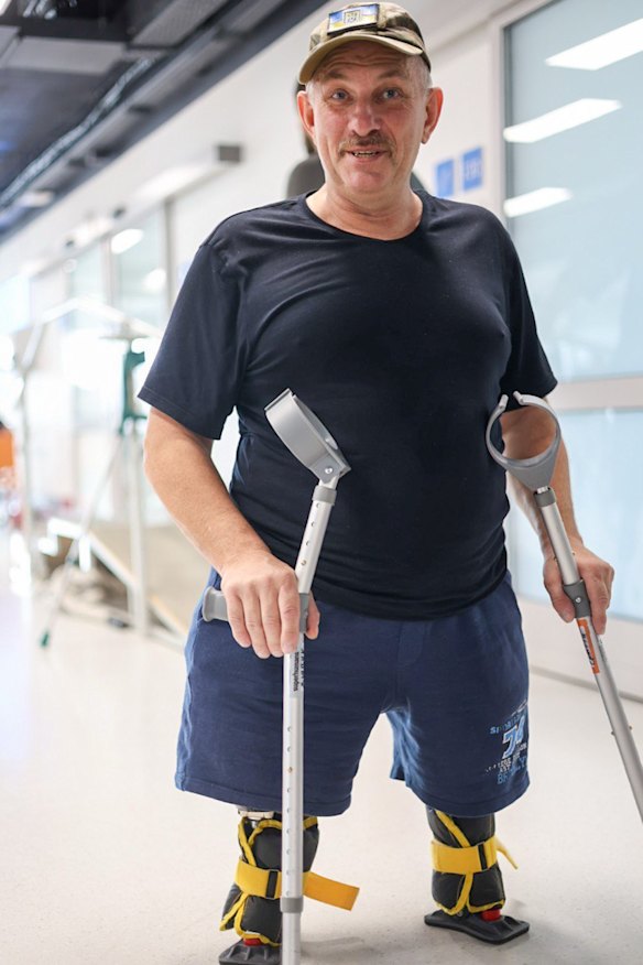 Grandfather Volodymyr Soroka, a builder and beekeeper before joining the army in 2023 and being hit by mortar shells in 2024, is learning to balance on small prostheses before progressing to larger ones.
