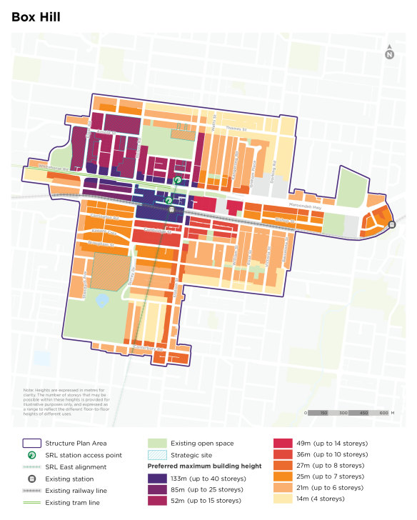 The Suburban Rail Loop Authority’s draft structure plan for Box Hill, released last month.