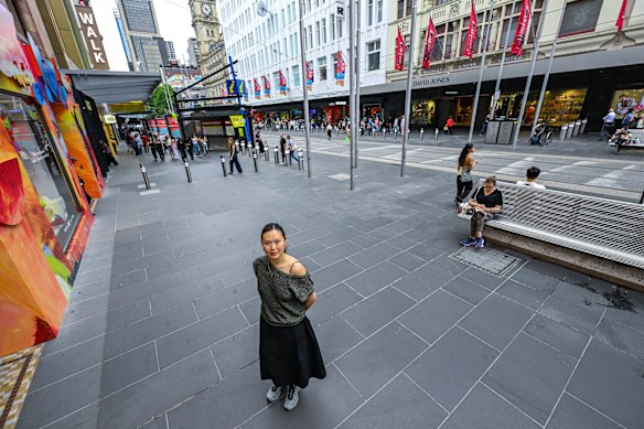 Louise Huynh outside Mecca’s new Bourke Street Mall flagship. 