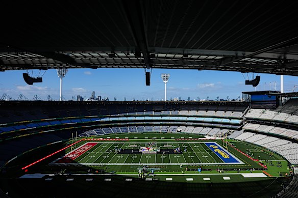 First look: The MCG has been transformed into the home of the NFL on Friday when the Rams and 49ers clash.