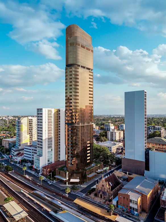 Artist’s impressions of the glittering tower proposed for the site of the birthplace of AC/DC in Burwood.