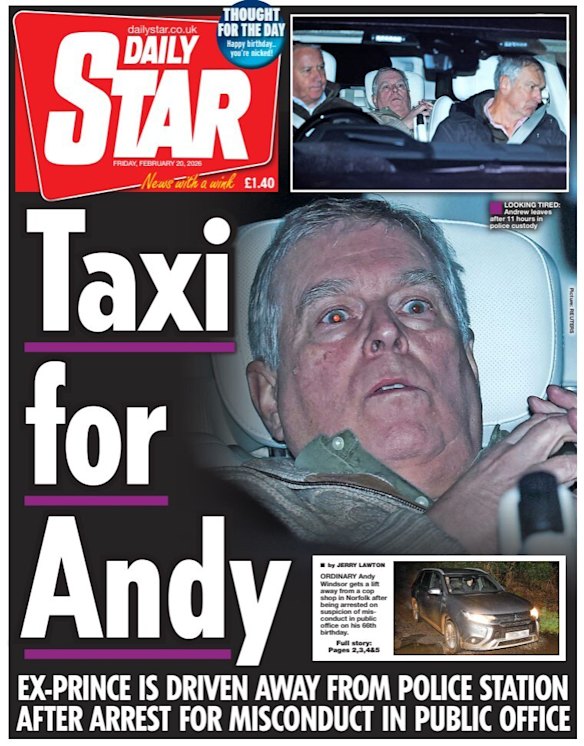 The Daily Star’s front page following the arrest of Andrew Mountbatten-Windsor.
