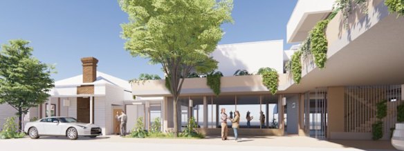 The rear of the development, showing the new building beside and behind 109 James Street.