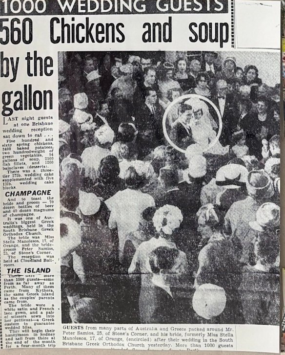 A newspaper clipping about the Samios wedding in Brisbane, July, 1963.