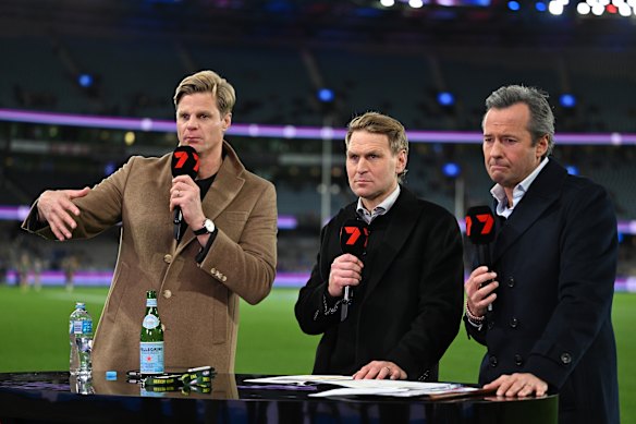  St Kilda great Nick Riewoldt, the straight-talking Kane Cornes and host Hamish McLachlan on Seven’s AFL coverage.