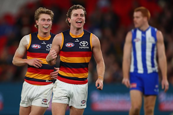  Crows Sid Draper and Zac Taylor against North Melbourne.
