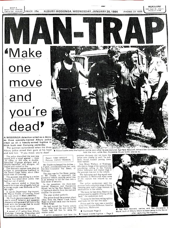 A 1984 report of police capturing a fugitive in north-east Victorian bushland near Corryong.