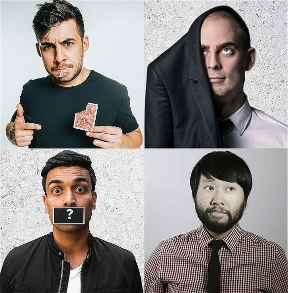 Clockwise from top: Dom Chambers, Simon Coronel, Lawrence Leung and Vyom Sharma in Headliners of Magic at the Melbourne Fringe.