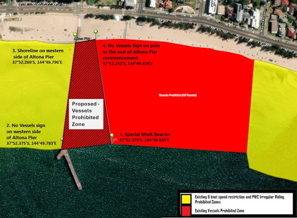 The proposed changes to the no-boating zone at Altona Pier to account for its new design. Some want the restricted area to be extended out from shore.