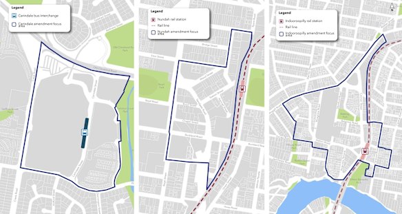 The areas in Carindale, Nundah and Indooroopilly where more homes would be allowed under the plan. 