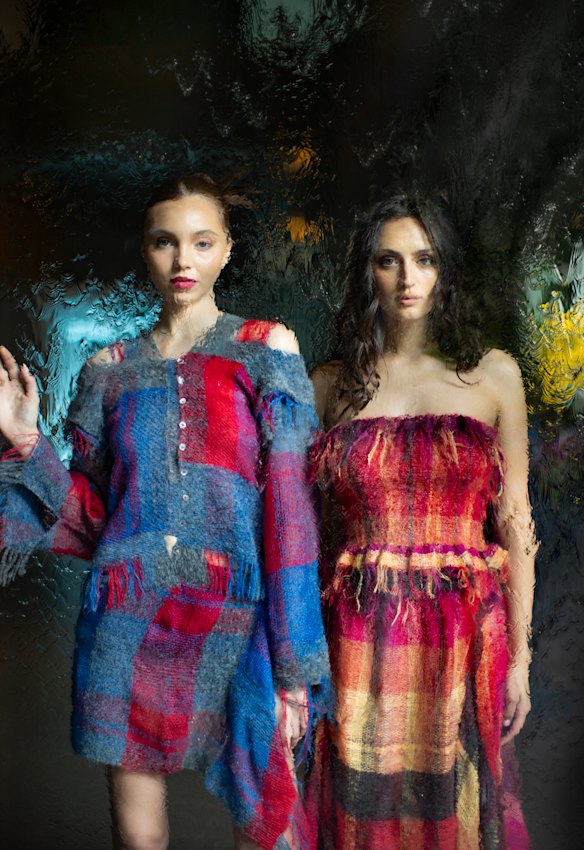 Models Amelia Morgan and Paris Cassar in gowns created by emerging designer Indigo Stuart for the NGV Gala celebrating Vivienne Westwood and Rei Kawakubo.