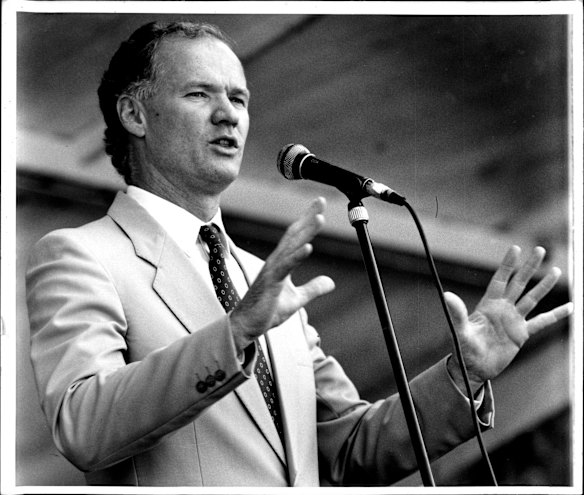 Wayne Goss, pictured in 1990, just six months after his first election win in the wake of the Bjelke-Petersen government’s downfall.
