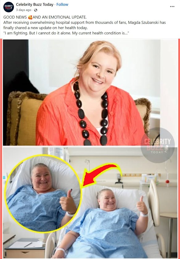 One of many social media posts circulating online in recent days that appear to use AI-generated images of Magda Szubanski in a hospital gown. Szubanski has not posted any health updates since August last year.