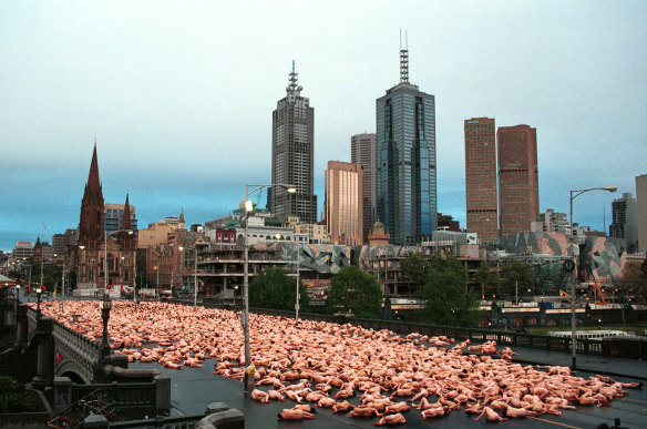 I’m in there somewhere, squishy bits and all, as part of Spencer Tunick’s nude installation on Princes Bridge in Melbourne in 2001.