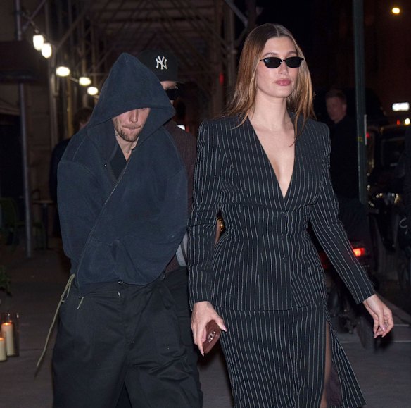 Always immaculately turned out, Hailey Bieber steps out with her husband, Justin, who is dressed in streetwear.