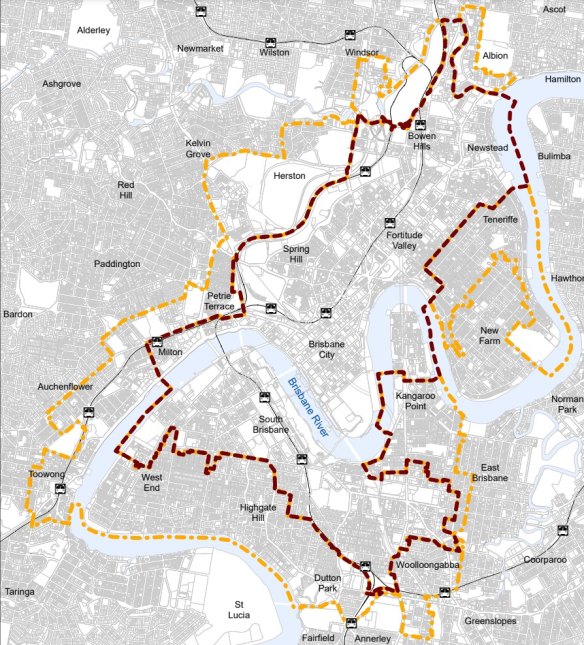 Boundaries of the city core (maroon) and city frame (mustard).