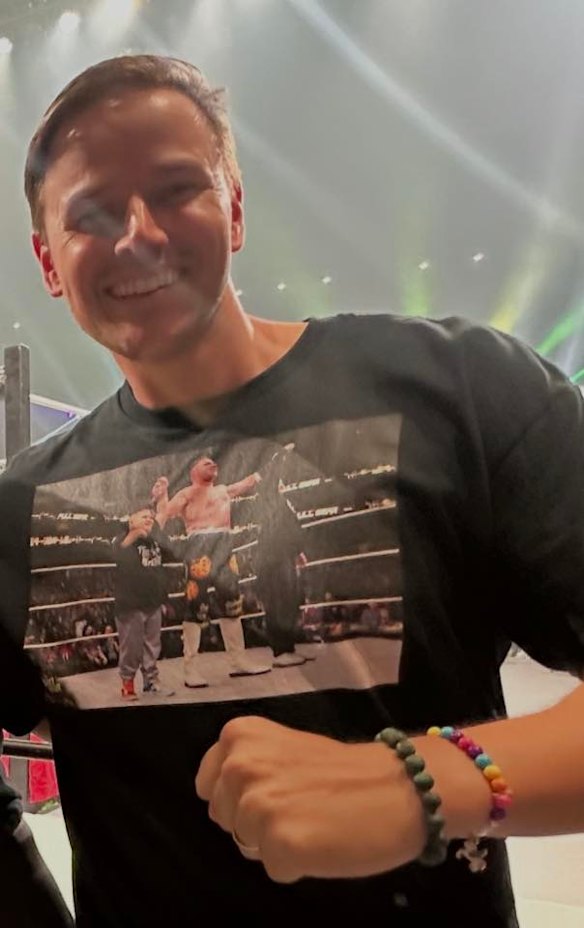 Nine News journalist Ned Balme’s shirt featuring Big Boom AJ, Big Justice and The Rizzler did not impress MJF.