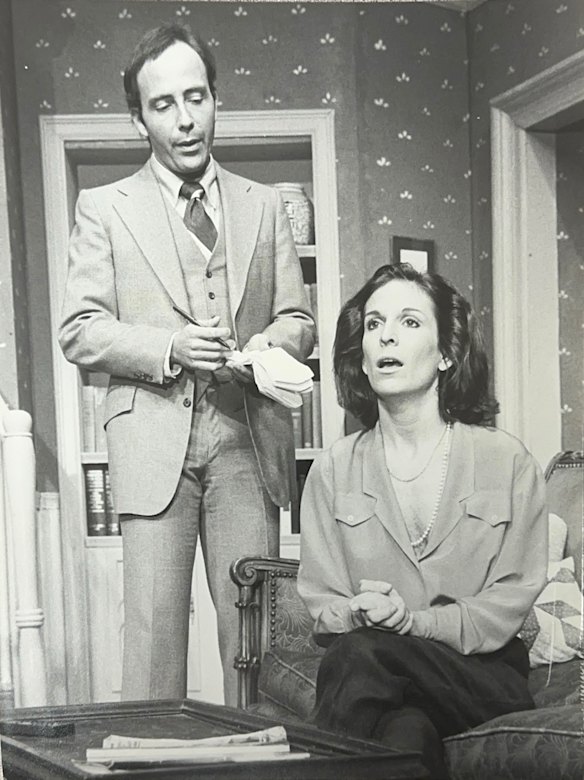 Russell playing the lead of Margaret Brent with playwright Warren Manzi as the detective during a performance in 1987.