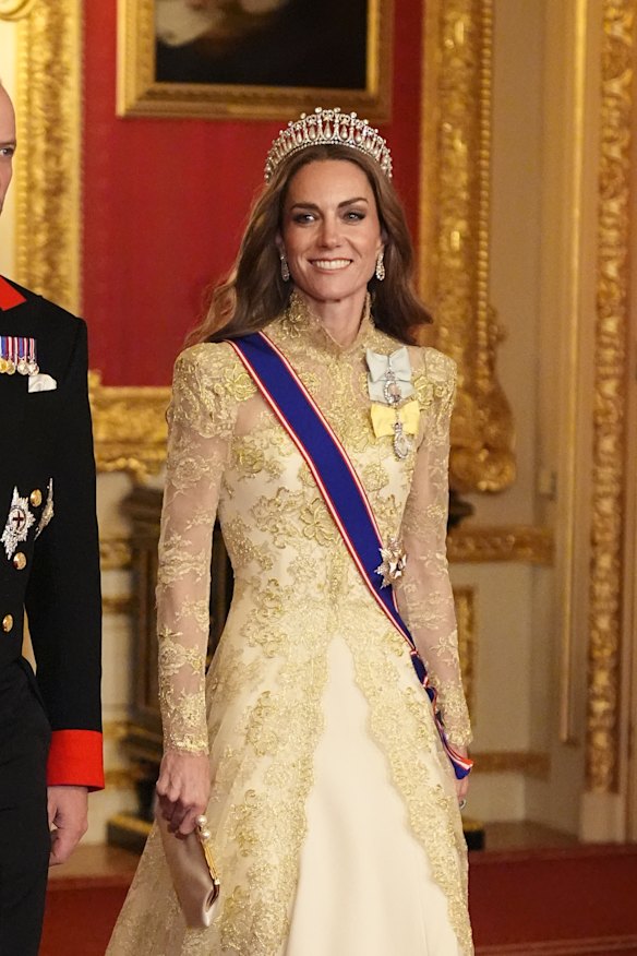 Princess of Wales wears a couture gown by British designer Phillipa Lepley.