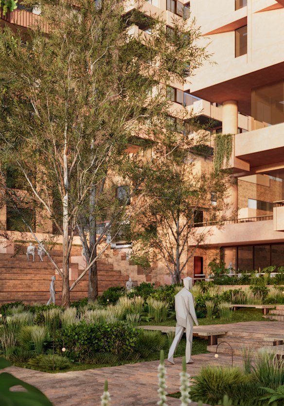 An artist impression of the ground-level green space proposed for the site. 