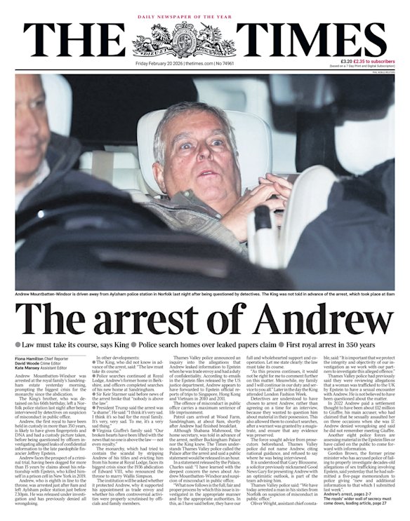 The front page of The Times on Friday, February 20.