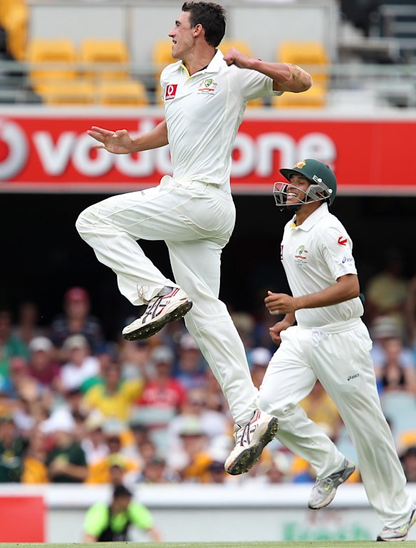 Australia’s Mitchell Starc celebrates getting the wicket of New Zealand’s Brendon McCullum on Test debut. 