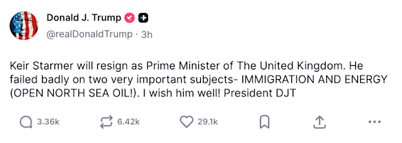 Trump wrote on social media that Starmer &ldquo;had failed badly&rdquo;.