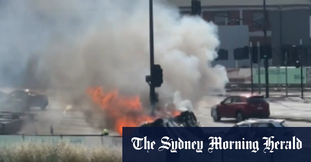 Tradie escapes fiery crash on highway
