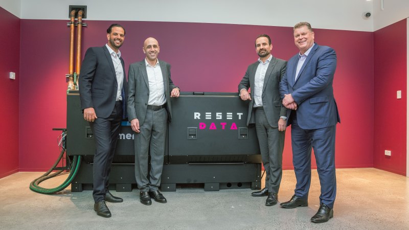 ResetData joint chief executives Marcel Zalloua (far left) and Bass Salah (second from left) with Centuria joint chief executives Jason Huljich (second from right) and John McBain