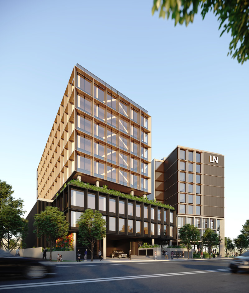 Render of the 42 Honeysuckle Drive timber mixed-use commercial building Built is constructing for developer Doma in Newcastle.