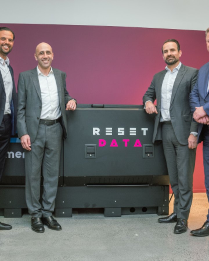 ResetData joint chief executives Marcel Zalloua (far left) and Bass Salah (second from left) with Centuria joint chief executives Jason Huljich (second from right) and John McBain