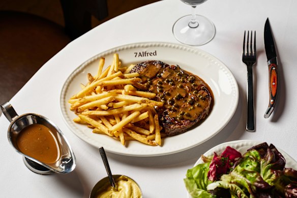Steak frites with peppercorn sauce at 7 Alfred.