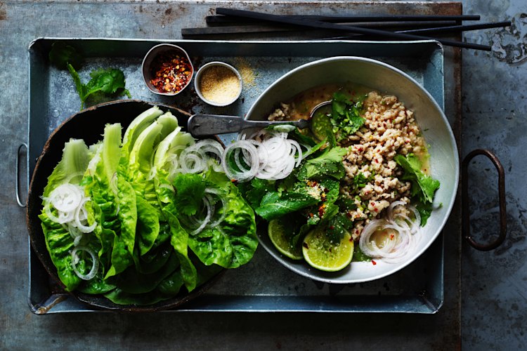 Neil Perry’s chicken larb with roasted rice.