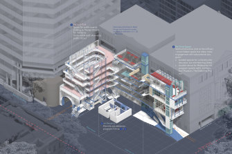 A proposal for Foxton Lane by RMIT student Anh Tran, featuring an art residency in one office and a vertical park.