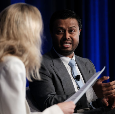 Robin Khuda speaking to editor Cosima Marriner at the Financial Review Property Summit in Sydney on Tuesday.