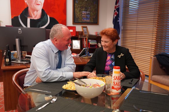 Barnaby Joyce and Pauline Hanson talk over a dinner of pasta, salad and steak in Hanson’s office.