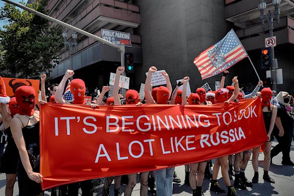 A &ldquo;No Kings&rdquo; protest in downtown Los Angeles on June 14.