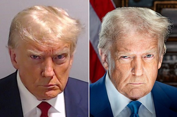 Donald Trump’s arrest mugshot (left) and his first official White House portrait.