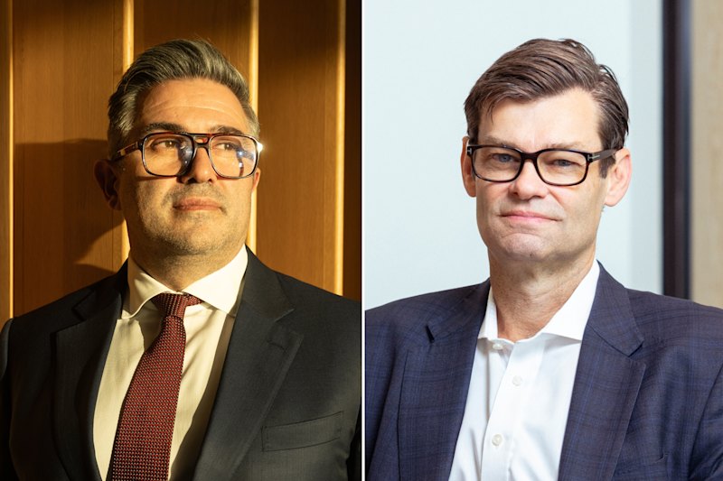 Lendlease CEO Tony Lombardo (left) is trying to hose down investors’ attempts to strip it of its management rights to a $10 billion fund and hand them to the Campbell Hanan-led rival Mirvac.