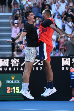 Thanasi Kokkinakis and Nick Kyrgios celebrate.