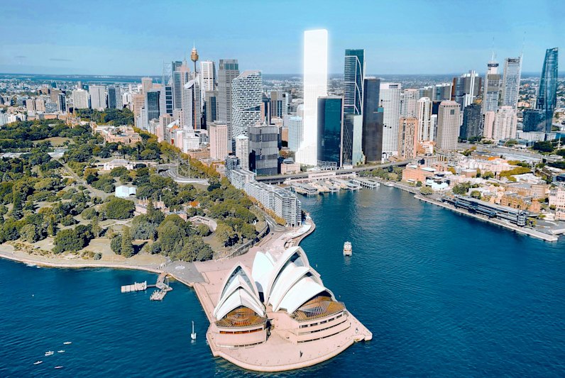 Render of the proposed development, located on the island site bounded by Pitt Street, Bulletin Place, Reiby Place, and Macquarie Place.
