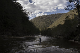 Harry Burkitt of the Colong Foundation for Wilderness crosses part of the lower Kowmung River, an area prone to flooding if the Warragamba Dam wall is high.
