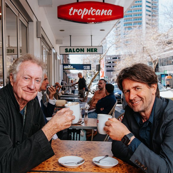 Bryan Brown and John Polson at the Tropicana Caffe in Darlinghurst. 