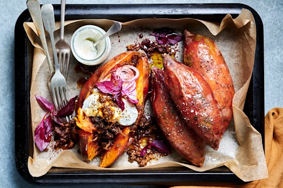 Jacket sweet potato with sumac lamb mince and yoghurt is a creative twist on baked potatoes.