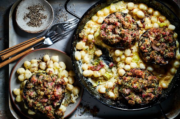 A rich, creamy pasta bake elevated by crispy pancetta-stuffed mushrooms.