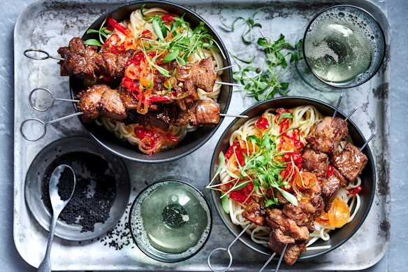 Cumin lamb skewers with quick chilli pickle and noodles.