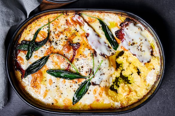 One tray cheesy baked polenta with pancetta and sage.