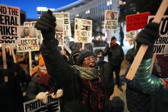 Demonstrators gather during a rally against federal immigration enforcement at Federal Courthouse Plaza on Tuesday, Jan. 27, 2026, in Minneapolis. 